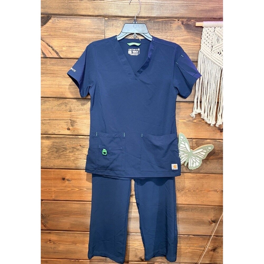 Woman’s Carhartt Scrubs Navy Blue And Green 9 Pocket Work Force Set Size XS - Picture 2 of 9